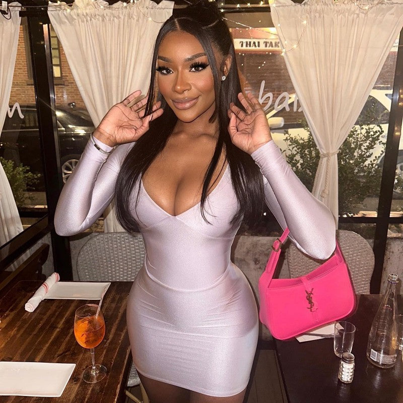 Slim Fit V-Neck Cocktail Dress - Sexy Style