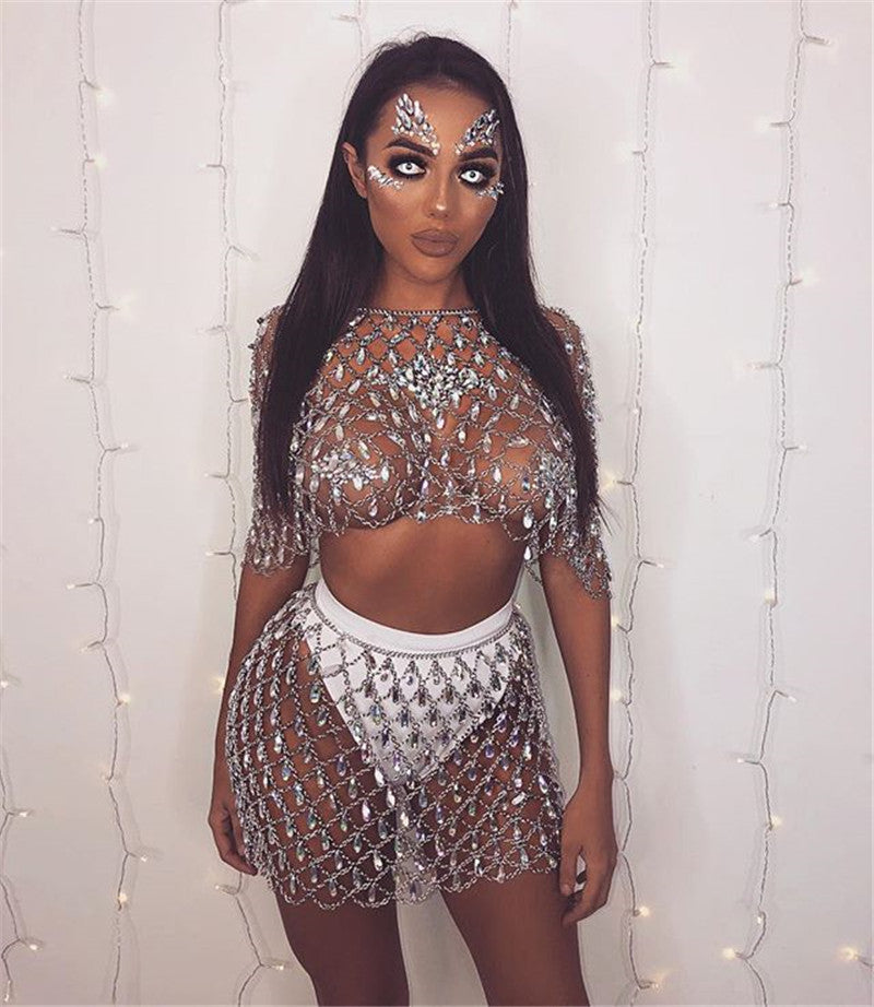 Sparkling Crystal and Gem Cutout Pendant Skirt